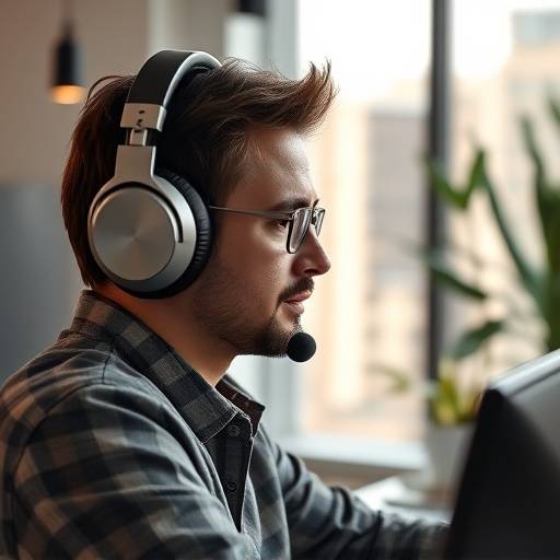 A person wearing headphones participating in a video call from a modern office in Los Angeles, indicating remote communication.