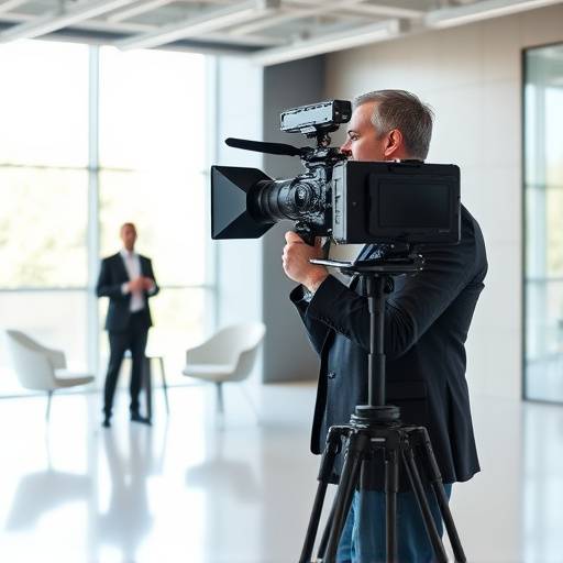 A professional speaker presenting during a corporate video shoot in a modern conference room.