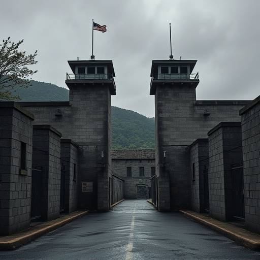 A view of the iconic gates of Folsom State Prison, with the surrounding walls and guard towers visible.