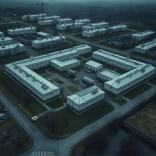 Aerial view of Davison Correctional Center, showing the layout of the buildings and surrounding fences.