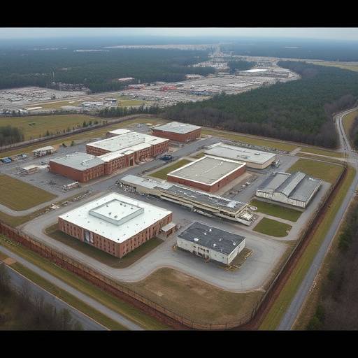 Aerial view of the Green River Correctional Complex, showing multiple buildings and surrounding perimeter fencing.