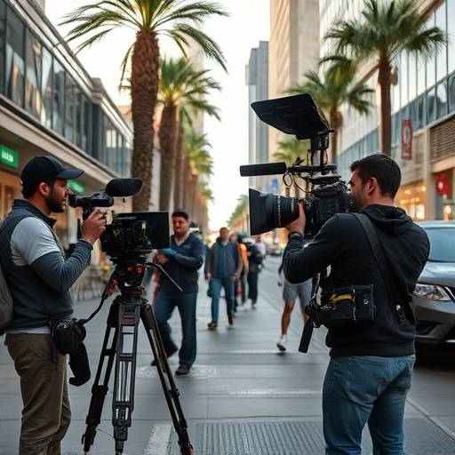 Behind-the-scenes shot of a film crew working on a documentary in downtown Los Angeles.