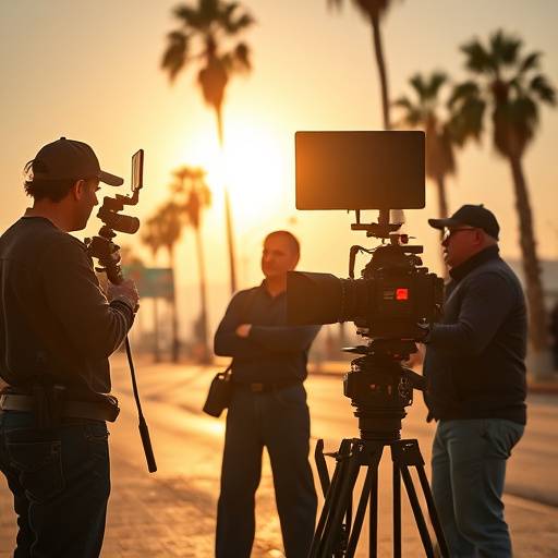 Camera crew filming a scene outdoors in Los Angeles.