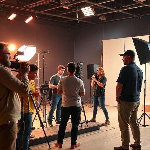 Diverse video production team collaborating on set, showcasing the breadth of Stellar Vista Studios' expertise.