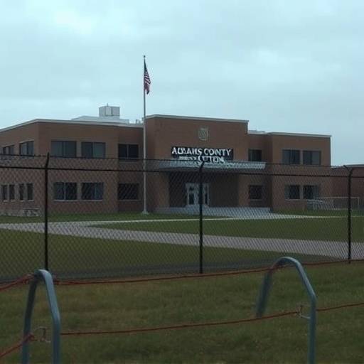 Exterior view of Adams County Correctional Center, showing the main building and perimeter fence.