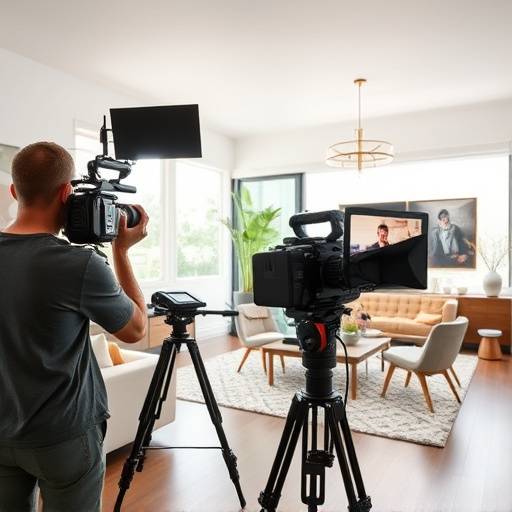 Film crew shooting a commercial in a modern Los Angeles home with bright natural light.