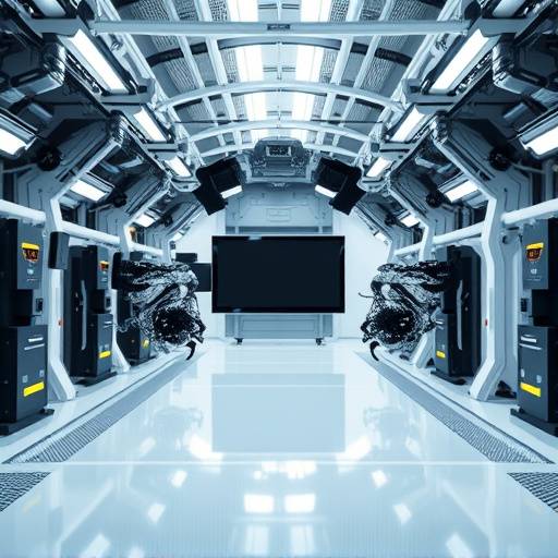 Image from a corporate video for 'Global Dynamics', showcasing their state-of-the-art robotics facility.