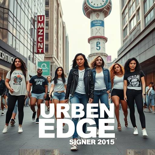 Image from a 'Urban Edge' clothing commercial, filmed in downtown Los Angeles, featuring diverse models and dynamic urban scenes.