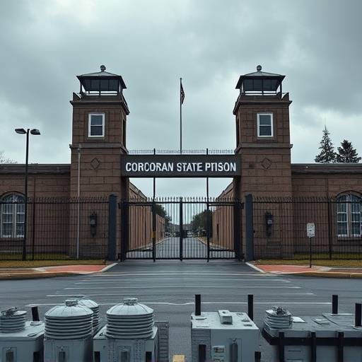 Main entrance gate of California State Prison, Corcoran, showing the guard towers and security measures.