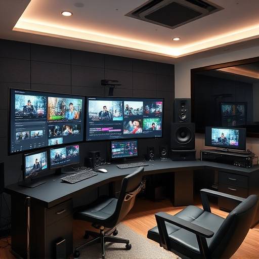 Modern video editing suite with a large monitor displaying editing software.