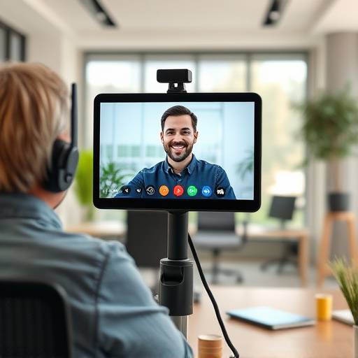 Person on a video call in a modern office space.