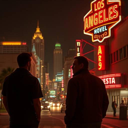 Still from the short film 'Neon Nights', featuring a neon-lit cityscape of Los Angeles and two characters in a dramatic scene.