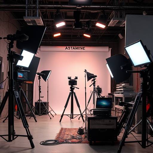 Various professional video cameras, lighting equipment, and audio gear available for rent in a well-organized studio.