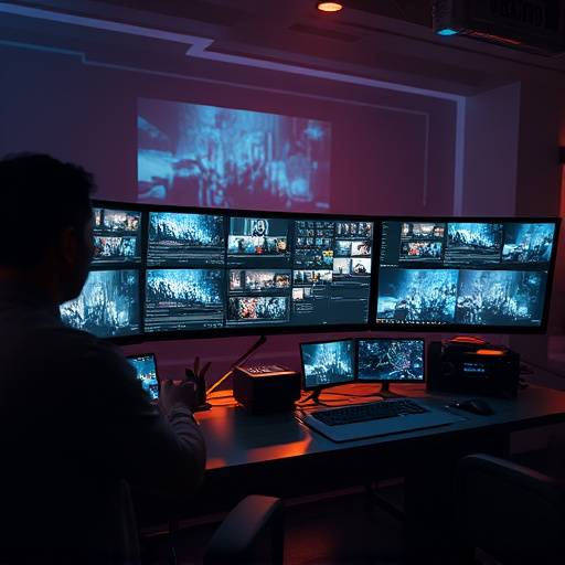 Video editor working on a complex editing project with multiple monitors and advanced software.